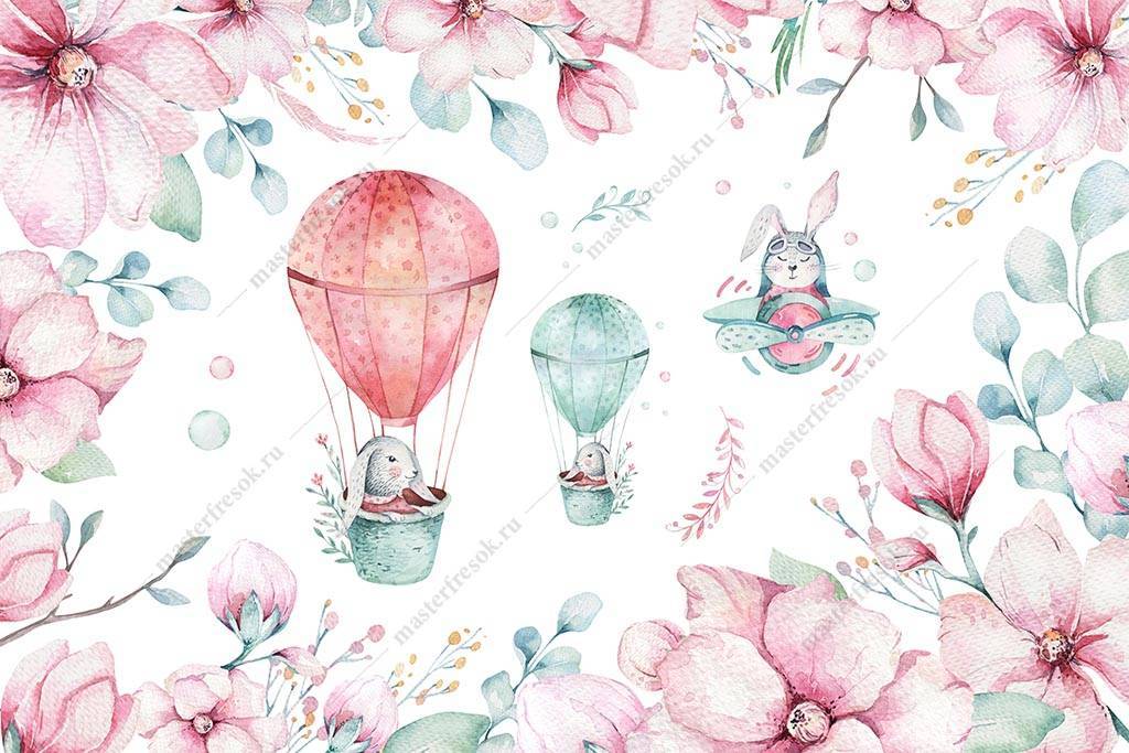 Фотообои Розовые цветы и зайка на воздушном шаре